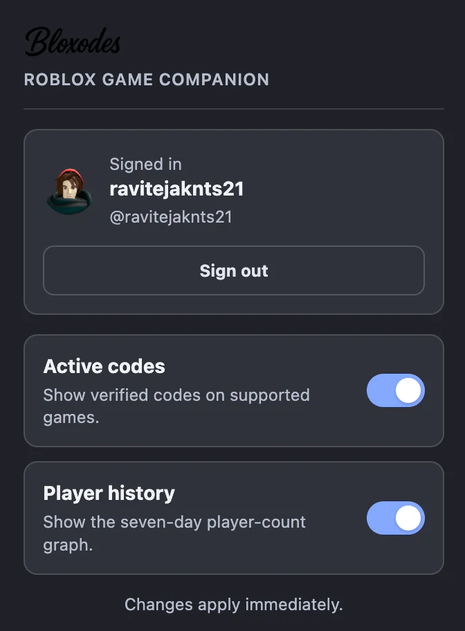 Bloxodes extension popup in dark mode with active codes and player history enabled